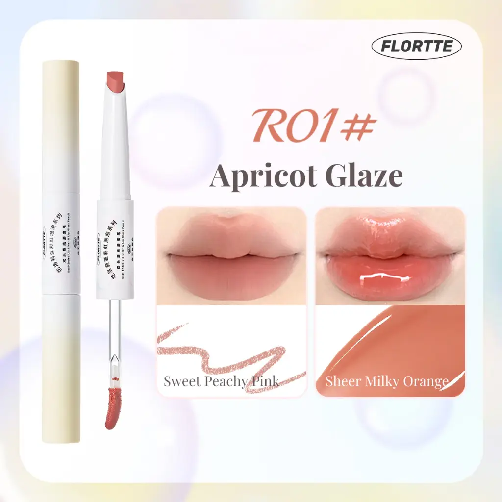 Flortte Rainbow Bubble Dual-Ended Lip Liner Gloss Pen R01 Apricot Glaze