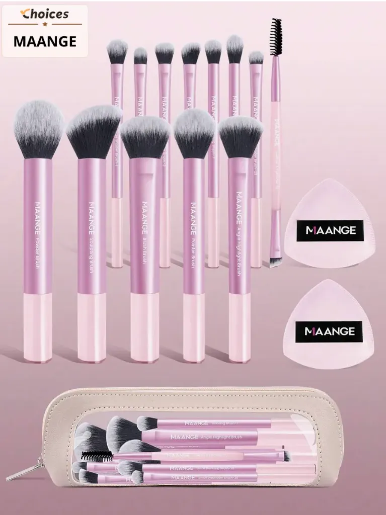 MAANGE Makeup Brush Set (13 Brushes+2 Puffs + 1 Bag) | Pink