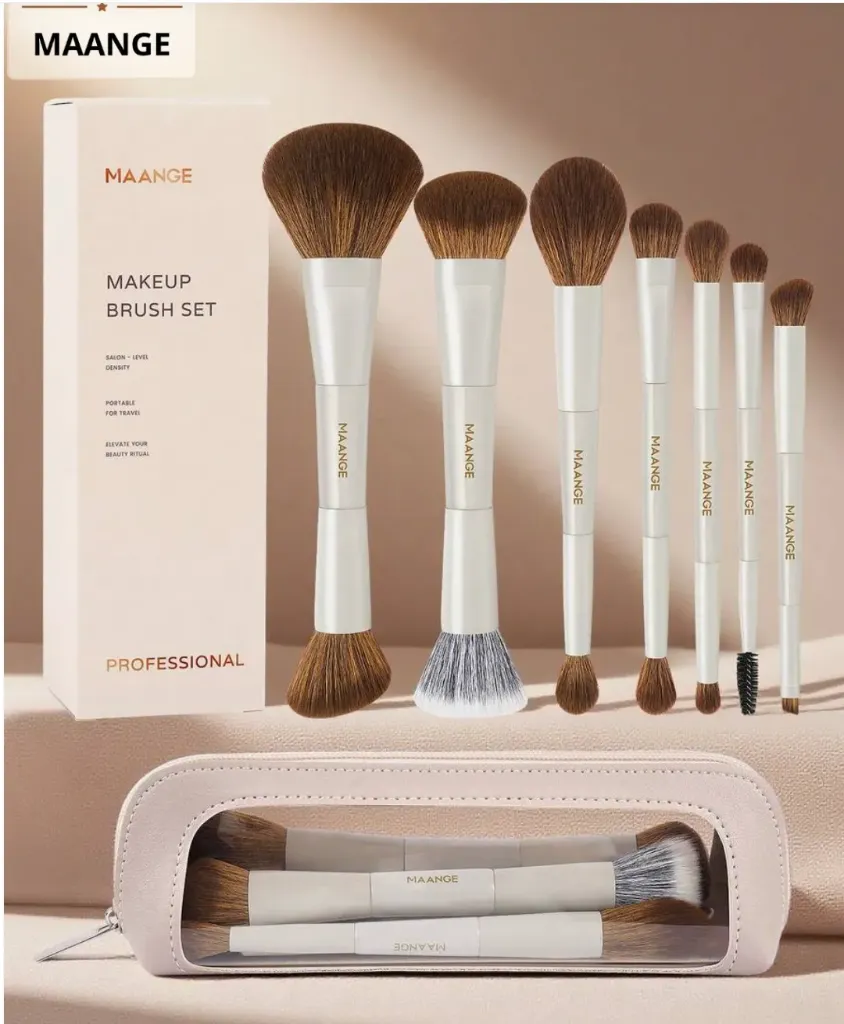 MAANGE 7pcs Dual-Ended Makeup Brush Set with Bag | Ivory