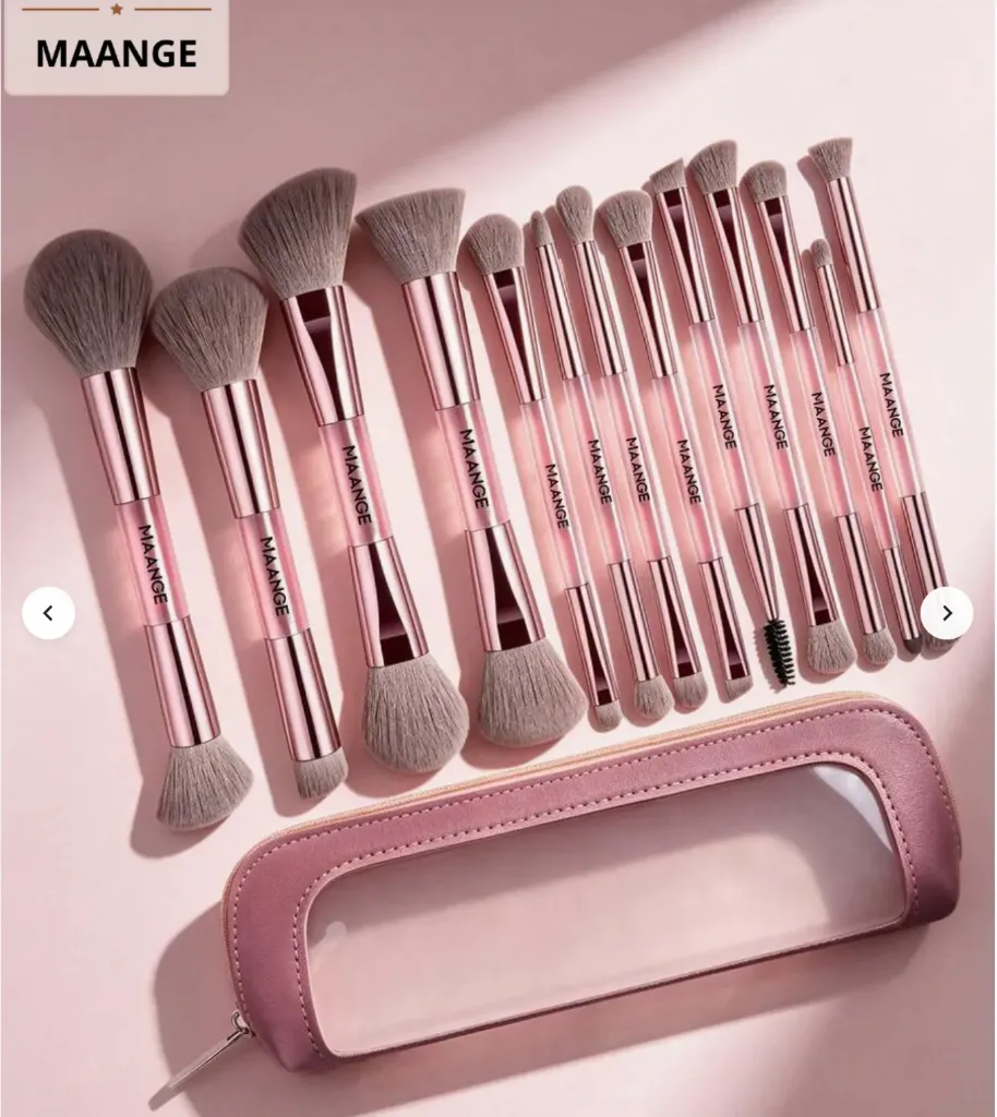 MAANGE 14pcs Dual-Ended Makeup Brush Set With Bag | Pink