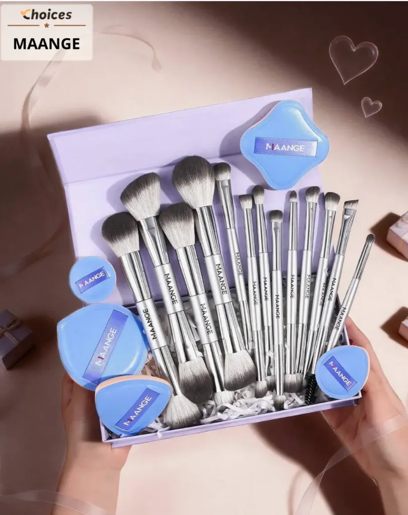 MAANGE 18pcs Makeup Brush Set with Box | Blue & Silver